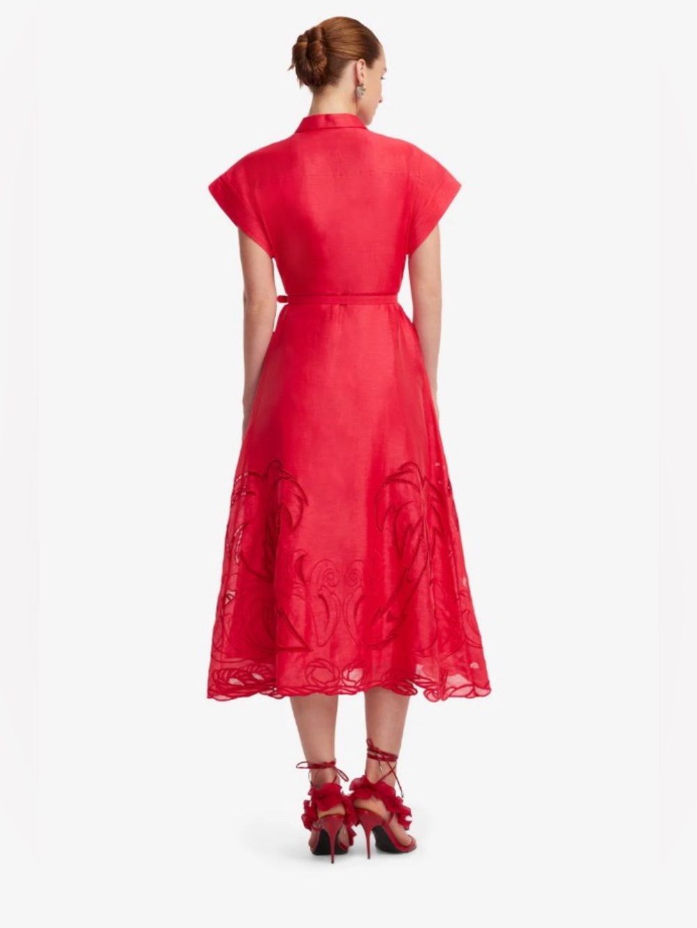 LEO LIN Audrey Red Belted Palm Embroidered Linen Shirt Midi Dress AU8/US4 NWOT - Picture 4 of 6